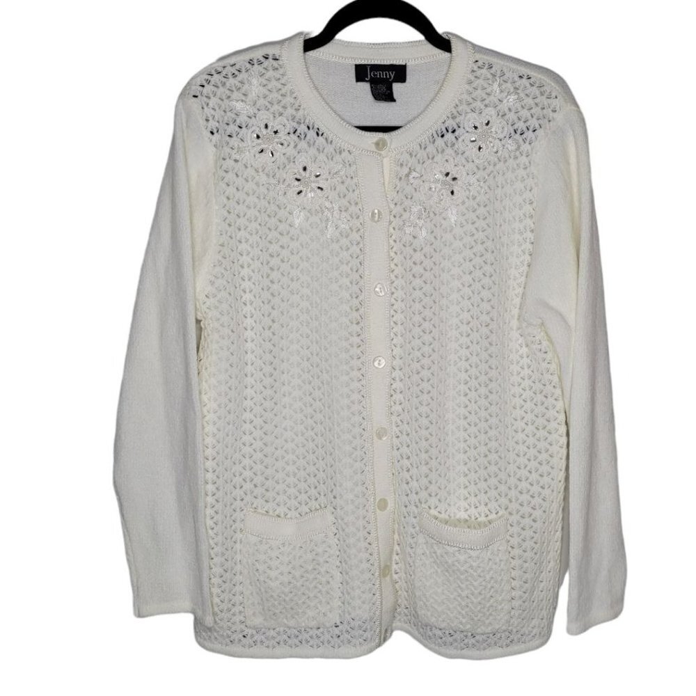 Jenny Womens button up ivory knit cutout long sleeve cardigan sweater Large